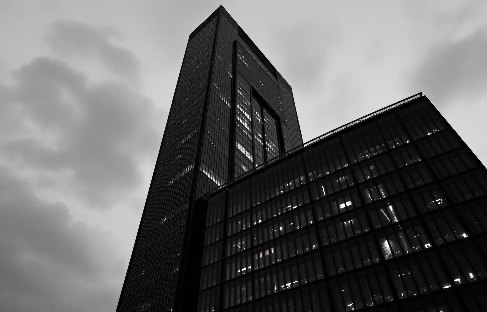 Cinematic monochrome architectural tower at twilight